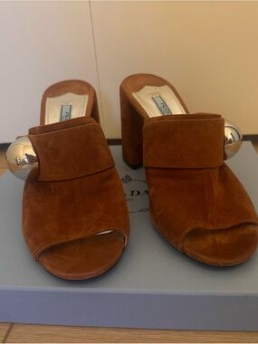 Prada Chestnut Suede Block Heel Mules with Silver Orb Detail